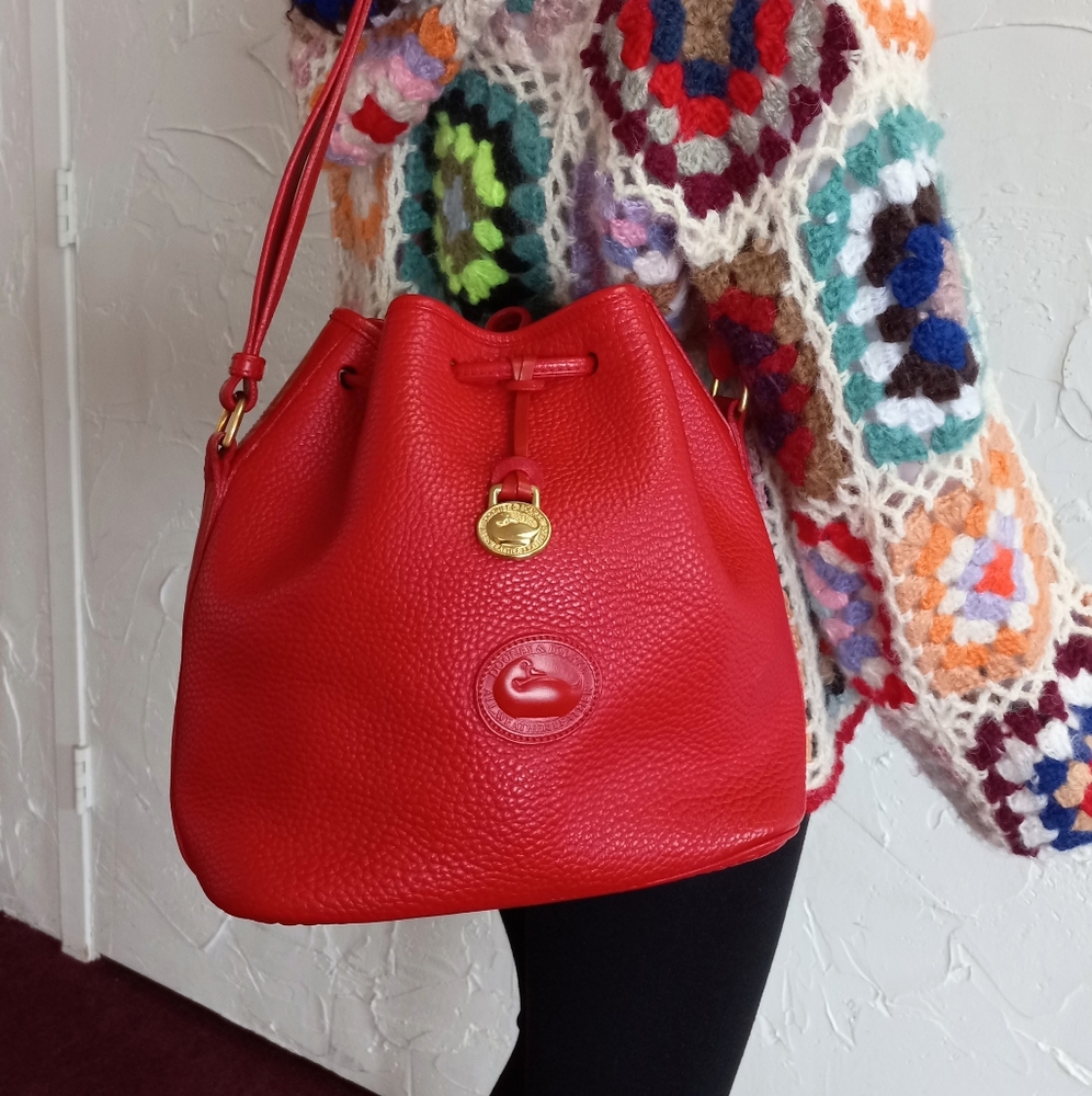 Dooney & Bourke Red Pebbled Leather Drawstring Shoulder Bag